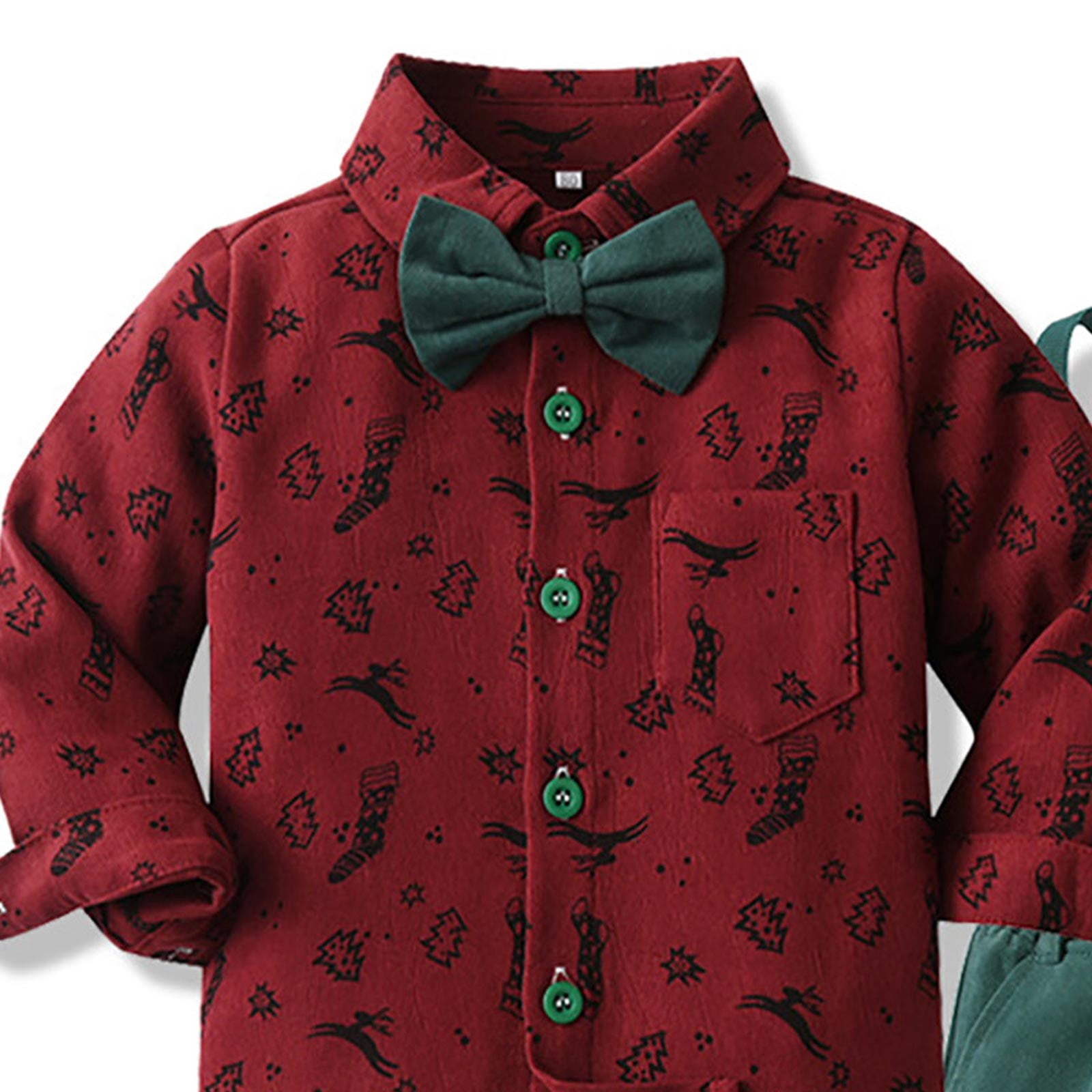 Splozh Boys Clothes Set Toddler Kids Gentlemen Suit Boys Long Sleeved Shirt and Overalls Suit Comfortable Soft Fashionable Christmas Print Gentleman Suit for Boys Brick Red,18-24 Months