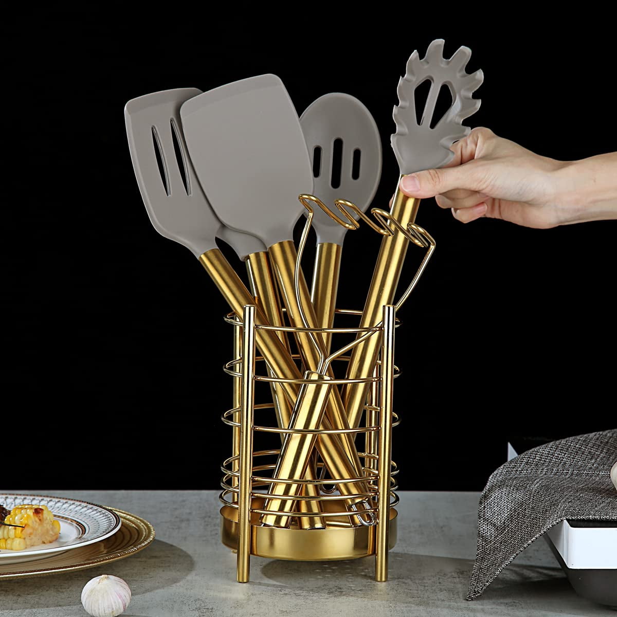ReaNea Gold 38 Pieces Silicone Kitchen Utensils Set With Sturdy Stainless Steel Utensil Holder