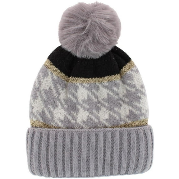 CTM  Knit Houndstooth Pattern Winter Beanie Hat with Pom (Women)