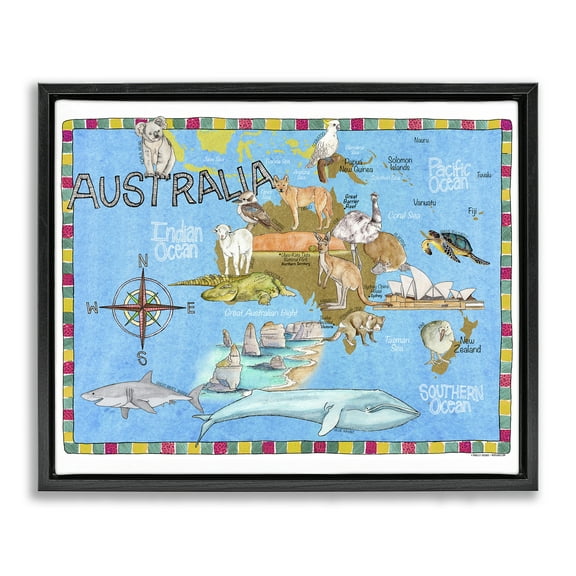 Stupell Industries Australia Animal Map Town & City Painting Black Floater Framed Art Print Wall Art, 21 x 17