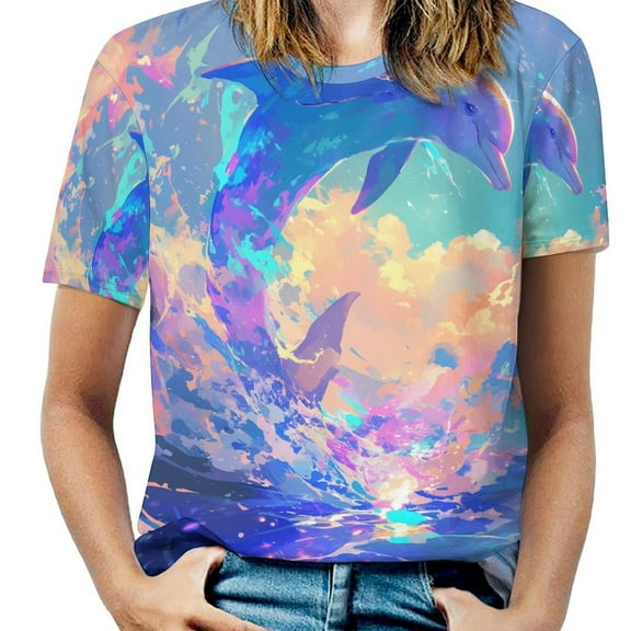Colorful Dolphin Dream Women's T-Shirt Short Sleeve T Shirts Tops Tee Ladies Loose T