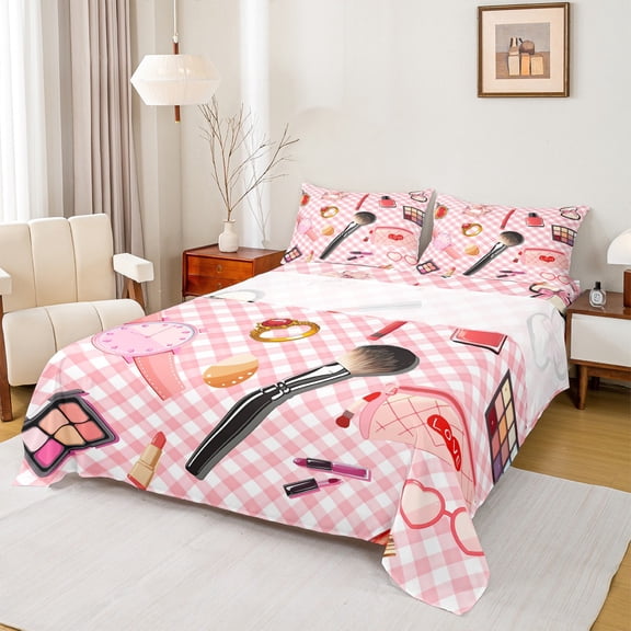 Manfei Girl Cosmetics Full Size Sheets,Eye Shadow Lipstick Bed Sheets,Chic Diamond Ring Sheet Sets For Princess,Microfiber Bedroom Decor,4pcs