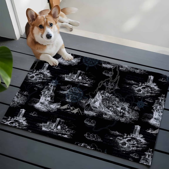 Vintage Farmhouse Ocean Washable Entry Rug 2x3 Country Nautical Black Sea Ships Castles Map Low Pile Indoor Door Mat with Rubber Backing Thin Area Rug for for Entrance, Bedroom, Kitchen, Bathroom