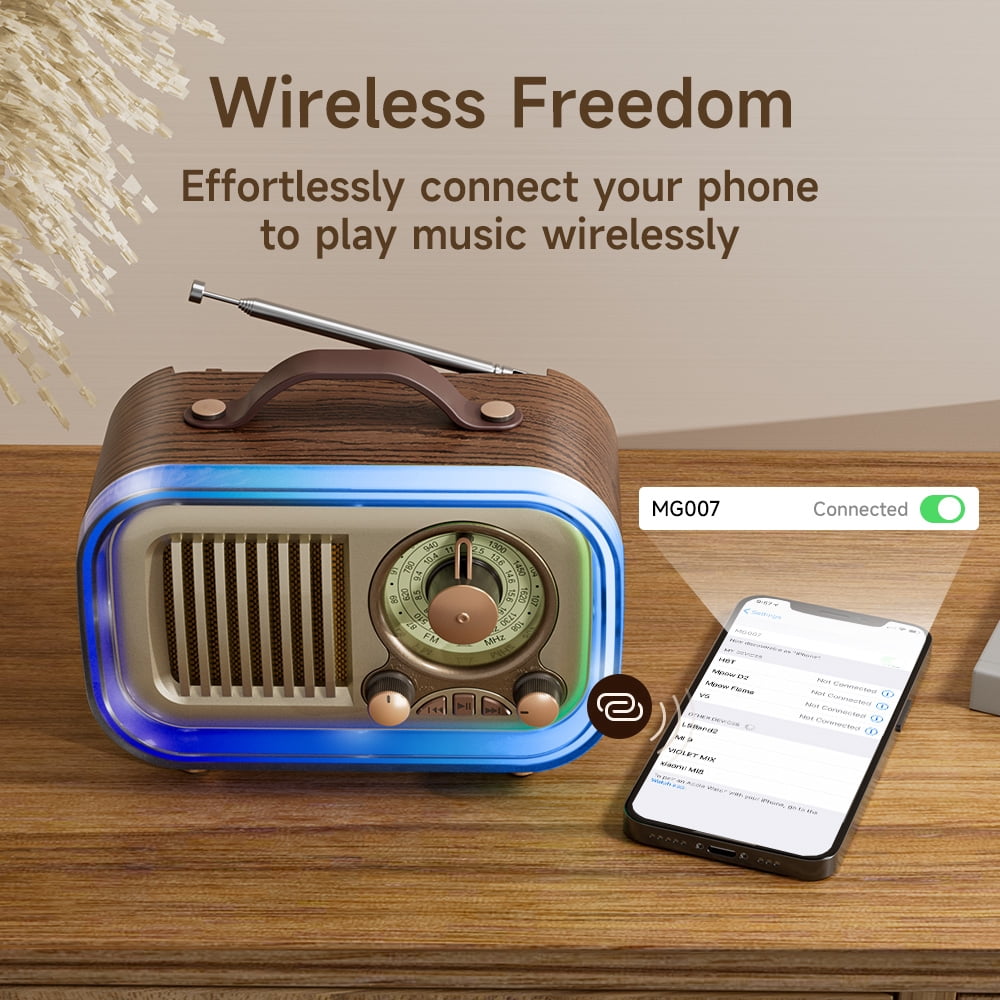 UMUTOO MG007 Vintage Retro Radio, Portable AM/FM/SW Radios with Bluetooth, USB/TF/AUX, 2000mAh Rechargeable Classic Wood Grain Design for Home, Outdoor Use