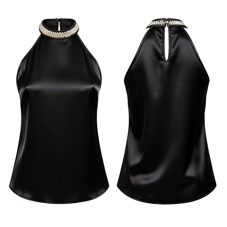 YueHuiYing Women's Pearl Detail Satin Off-Shoulder Camisole