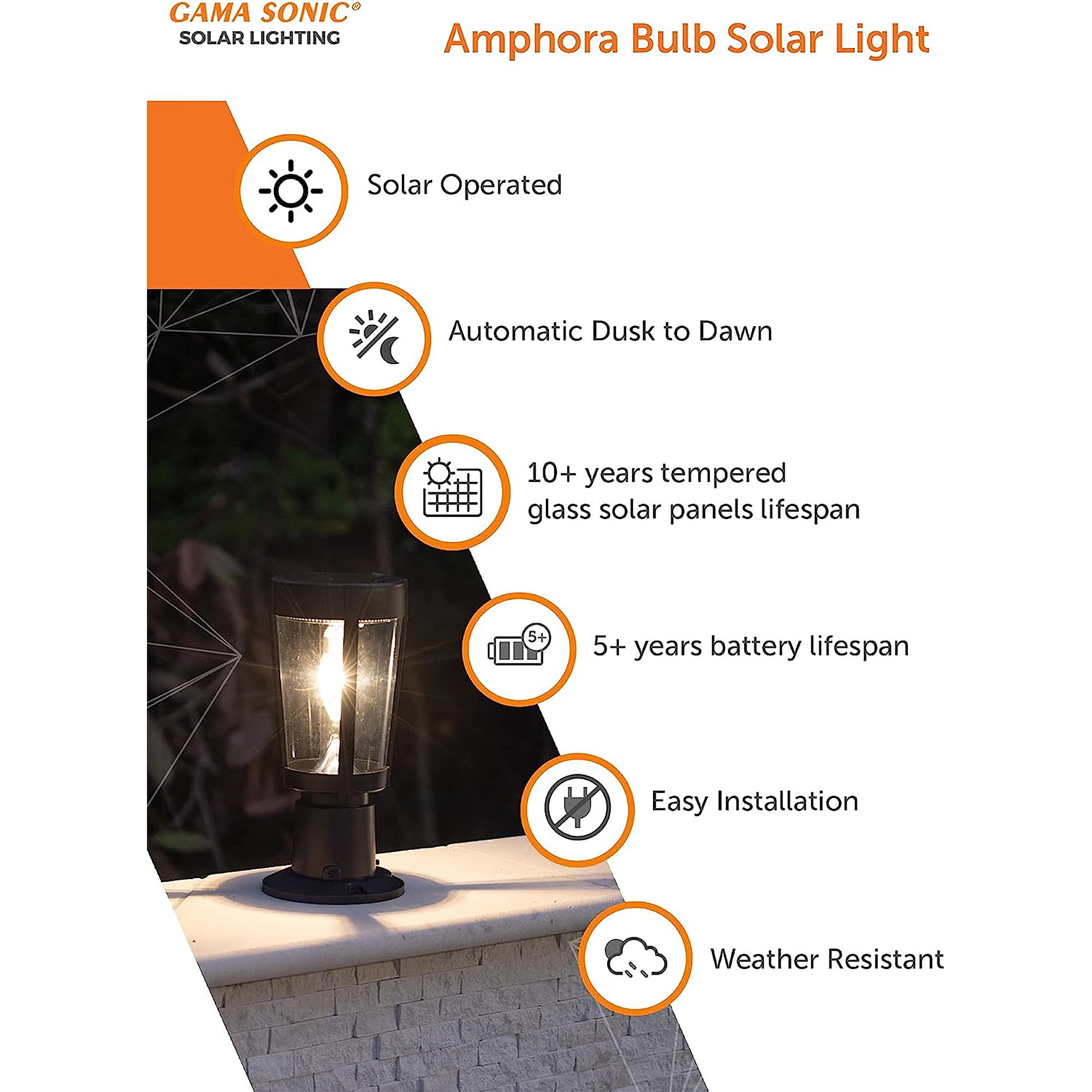 Gama Sonic Amphora 1-Light Black Plastic Solar Outdoor Weather Resistant Post Light Set with Solar LED Bulb