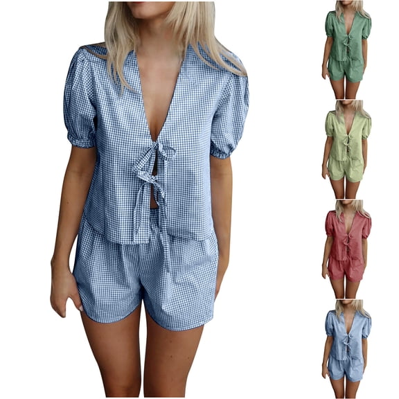 Bixock Women's 2 Piece Loungewear Set,Short Sleeve Shorts Pajama Set,Fashion Plaid Front Cardigan Top Plaid Set