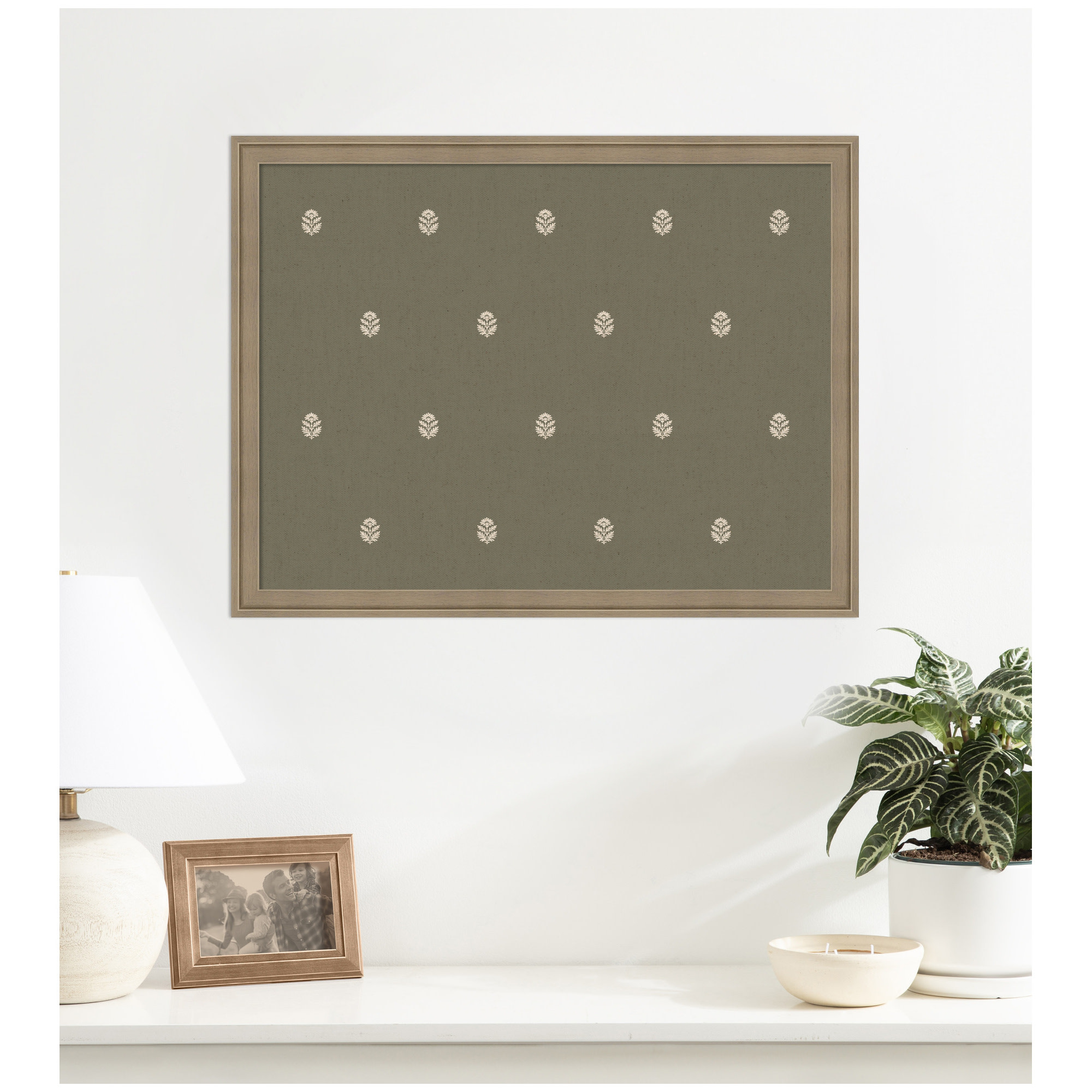 Kate and Laurel Framed Fabric Pinboard 26 x 20, Green Botanical Block Print Printed Linen Classic Bulletin Board for Use as a Vision Board or Wall Organization, Florence Light Brown Frame