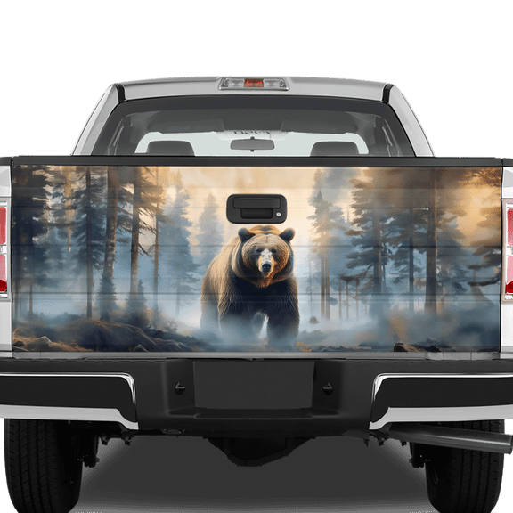 Lotusprinthandmade Grizzly Bear in Misty Forest Tailgate Wrap 2 Sizes (24"x58"), wildlife bear truck decal, nature-themed bear tailgate wrap