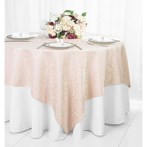 Wedding Linens Inc. 72" Square Damask Jacquard Polyester Table Overlays - Blush Pink