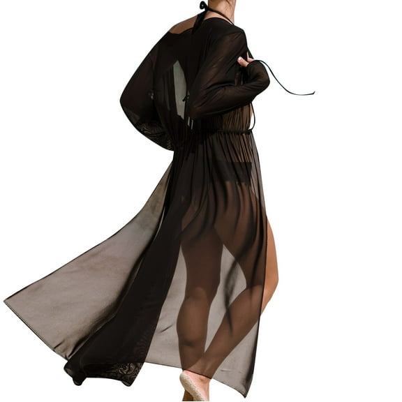 MSJUHEG Gauze Dress,Shirt Dress,Sheer Cardigan,Kimono Cover Up,Waffle Knit Swimwear,Bikini Cover Up,Mesh Knit Beach Dress Black L