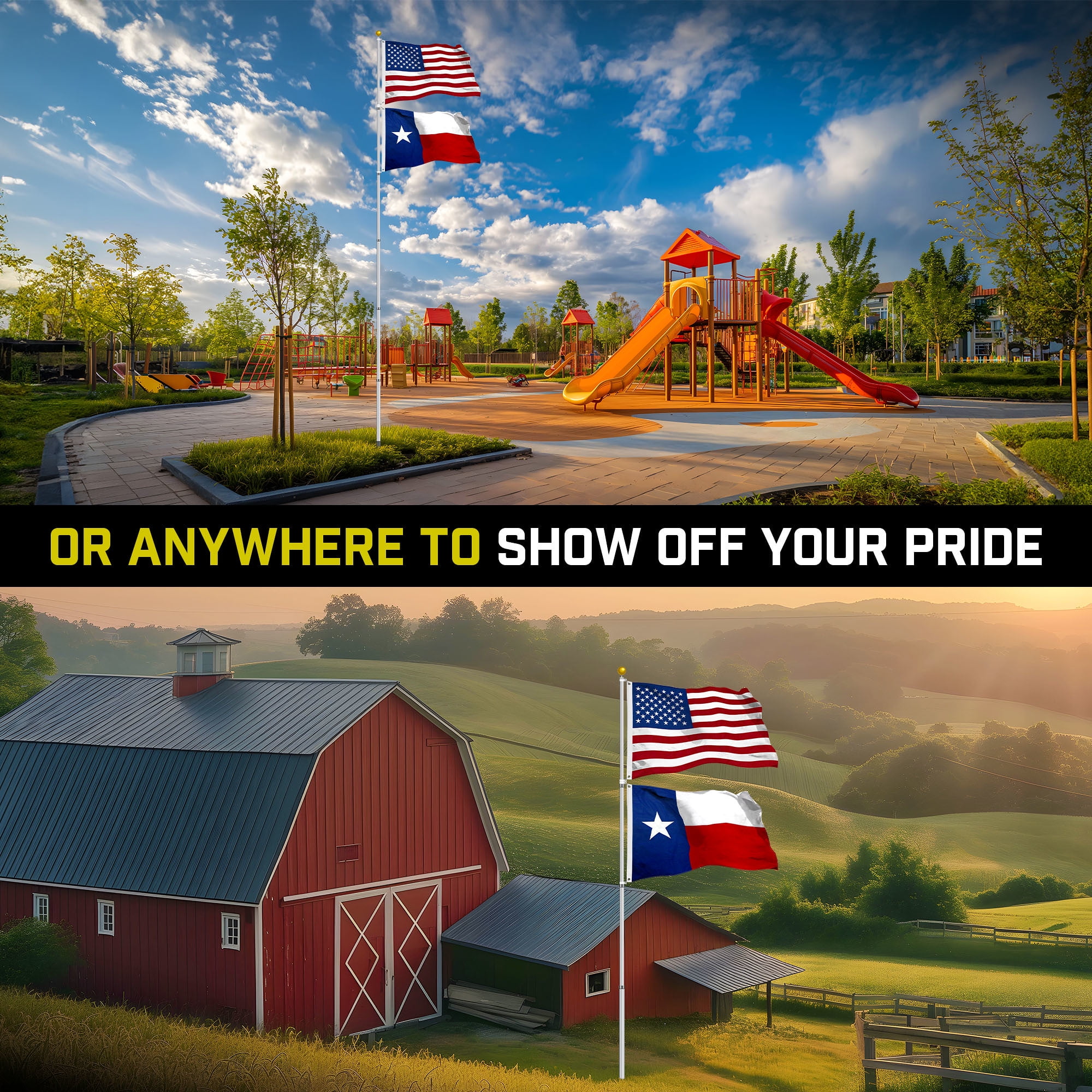 G128 Combo Pack: 20 Ft Telescoping Aluminum Flagpole (Silver) & American and Texas Flags 3x5 Ft, Both StormFlyer Series Embroidered 220GSM Spun Polyester | Pole with Flags Included
