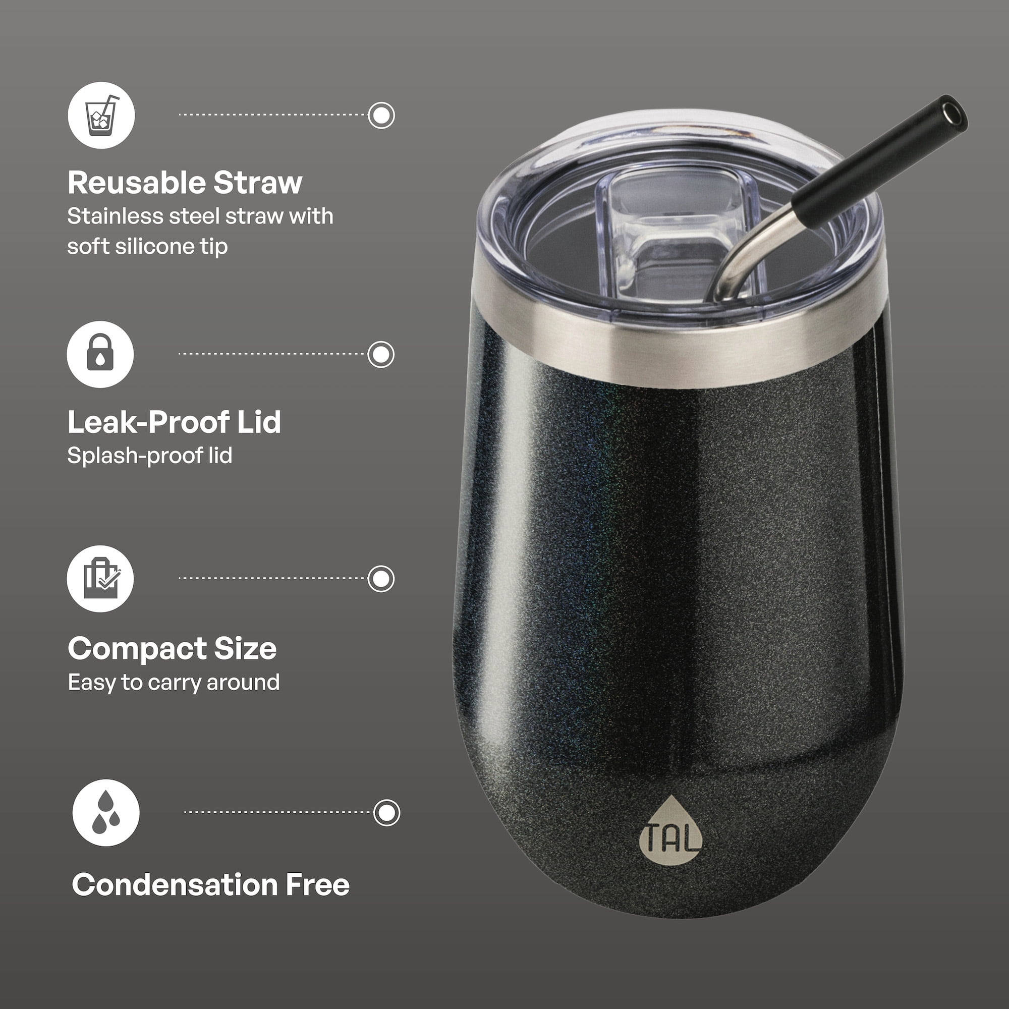 TAL 16oz Stainless Steel Wine Tumbler with Straw, Black Shimmer