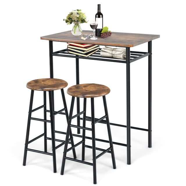 Patiojoy 3-Piece Bar Table and Chair Set Counter Height Bistro Table with 2 Stools Rectangular 2 Person Dining Set with Shelf