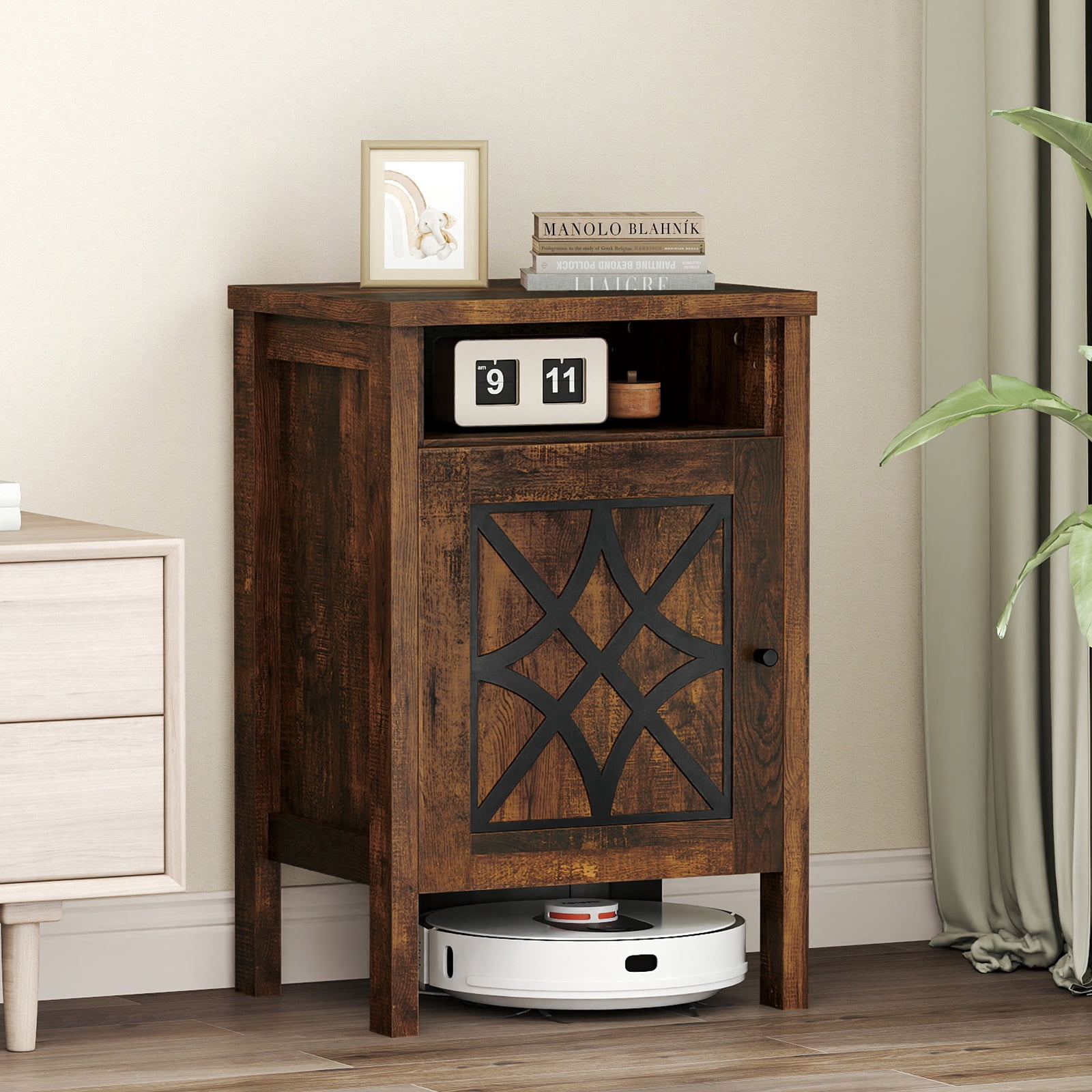 Gymax Robot Vacuum Stand Cabinet w/ Door & Open Shelf for Home Office Living Room Dark Brown