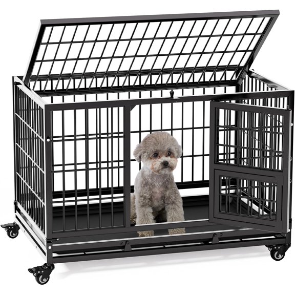Nomipaw 32 Inch Heavy Duty Dog Crate with Wheels, Folding Metal Dog Cage for Puppy/Small and Medium Dogs, Indestructible Dog Crate with Removable Tray