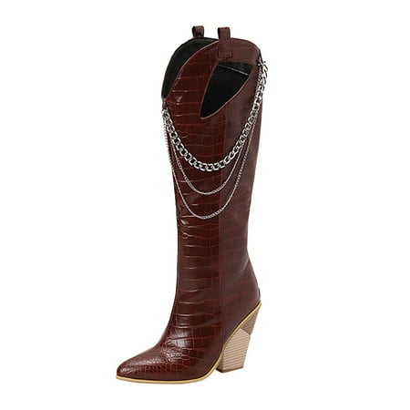 

Beautiful Print Western Knee High Boots Calf Chunky Women Chunky Stacked Heel Point Toe Bootsextra Wide Calf Boots For Women Shoes For Women