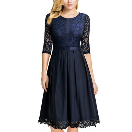 MIUSOL Women's Vintage Half Sleeve Floral Lace Cocktail Party Pleated Swing Dresses for Women (Navy Blue L)