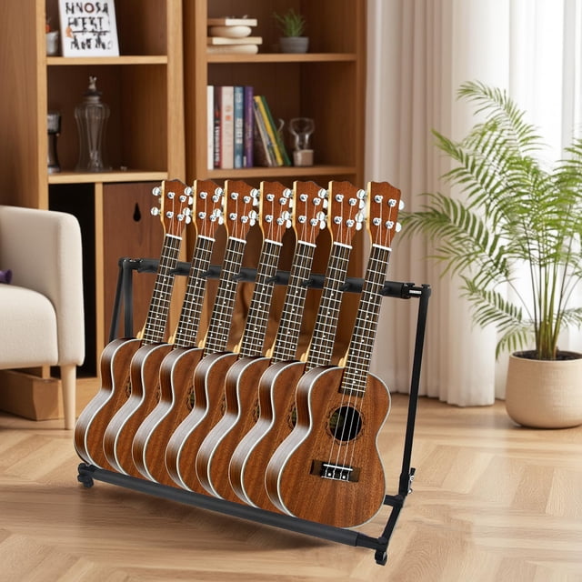 Guitar Stand Rack – Collapsible 7-Slot Metal – Fits Acoustic, Electric, Bass, Ukulele & Violin – Robust, Rubber Base – Portable Floor Display – Home, Studio & Stage – Black