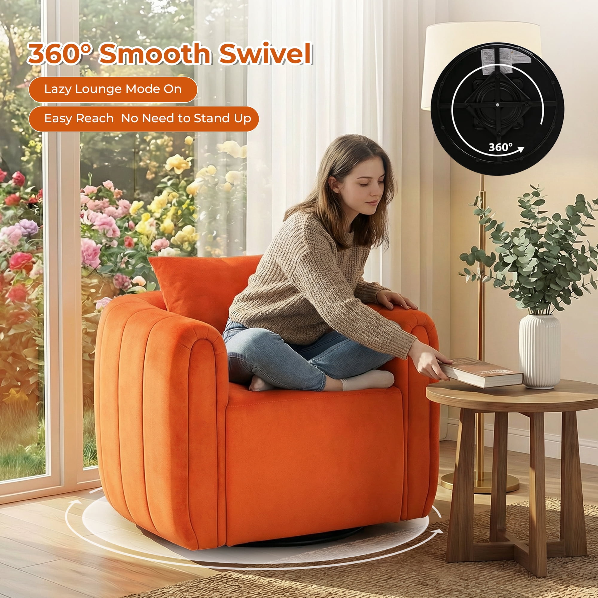 Ebello Swivel Accent Chair, Modern Velvet Living Room Chair with Pillow, Barrel Chair for Bedroom & Reading Corner (Orange,2 Pack，Fully Assembled )