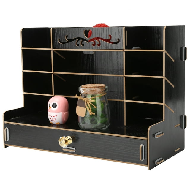 Wooden Desk Organizer, Multifunction Tabletop Storage Cabinet With Multiple Compartments For Office Accessory Stationery For Home Kitchen For Students Black