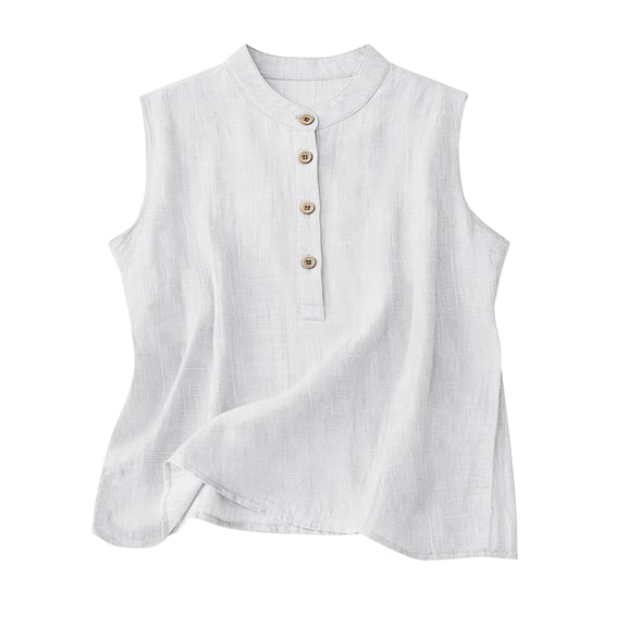 LWavelet Women's Asymmetrical Button Detail Sleeveless Blouse – Linen Blend Casual Work Top White M