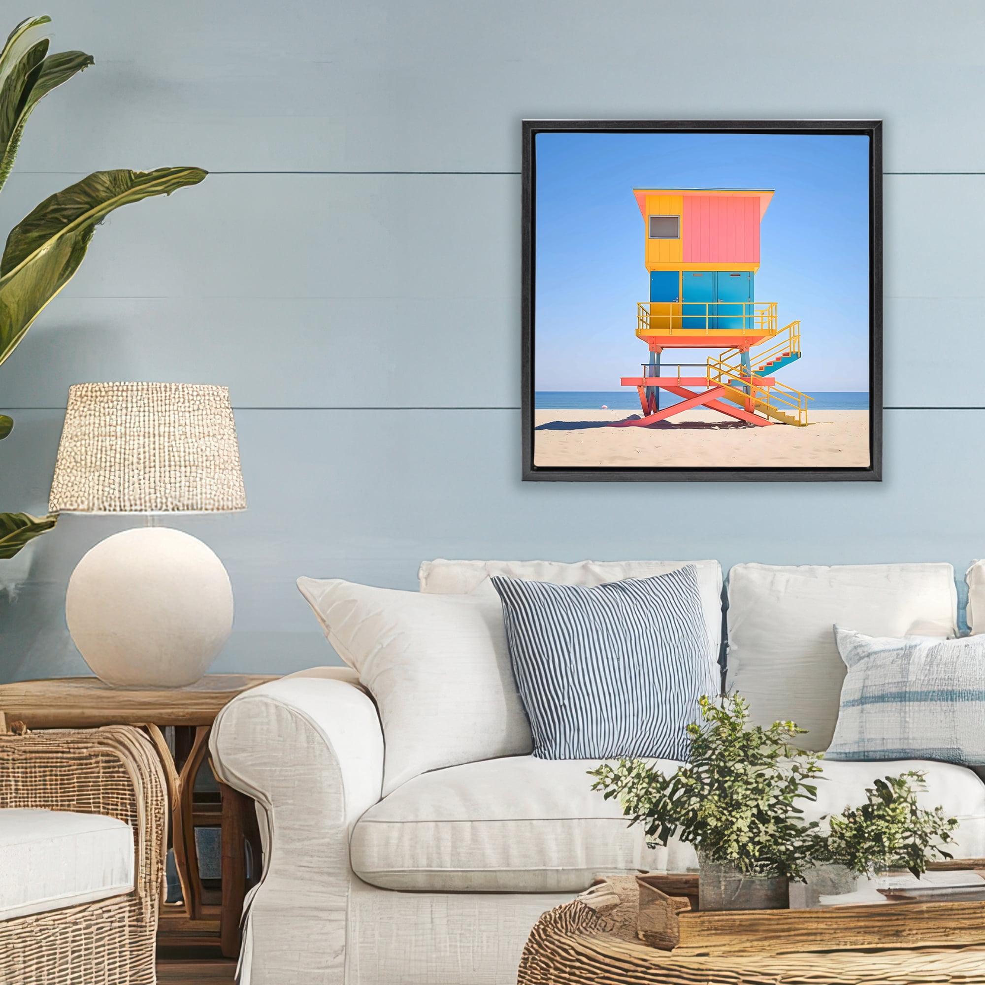 Stupell Industries Deco Lifeguard Tower on Beach Black Framed Floater Canvas Wall Art, design by Creative Studio