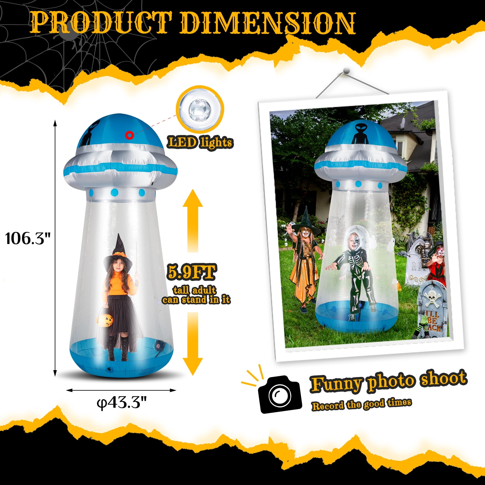 8.8 FT Halloween Inflatable UFO Yard Decoration with Stand-Inside Design LED Lights Quick Inflation for Party Yard Garden Decor