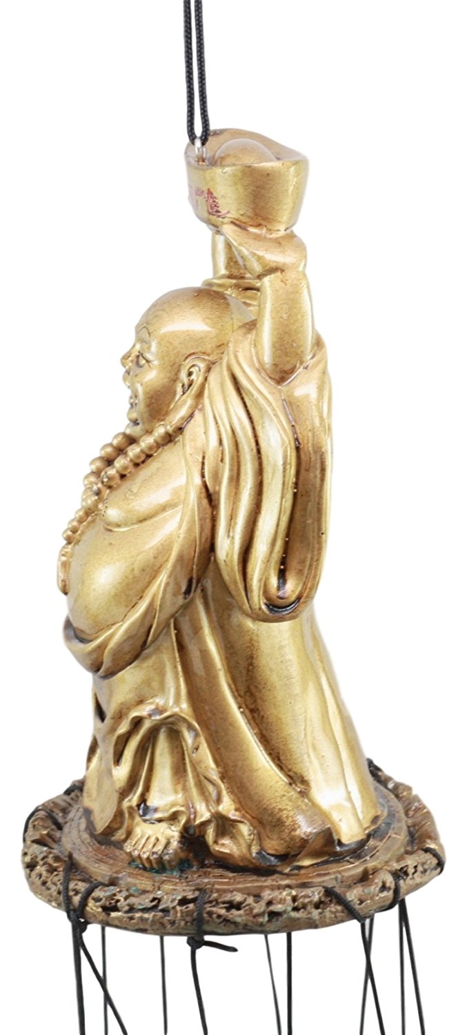 Ebros Feng Shui Lucky Buddha With Golden Nugget Wind Chime 23" Long Resin Crown With Aluminum Rods Fortune Buddha Hotei Wind Chime Home Patio Garden Decor
