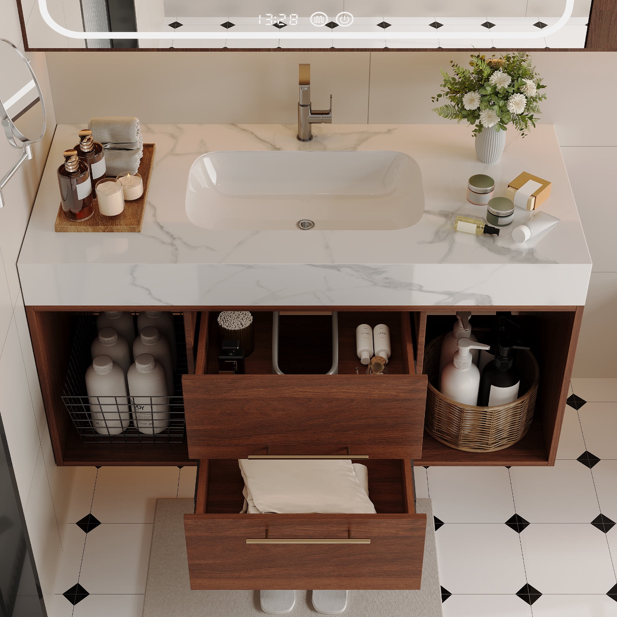 Aukfa 39.4" Floating Bathroom Vanity with Sink, Wall Mounted Cabinet,2 Drawer,Walnut