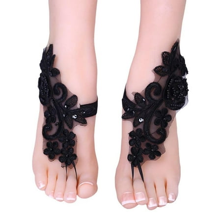 

Bridal Lace Anklets Barefoot with Toe Ring Romantic Embroidery Sandals Anklet Exquisite Delicate Beautiful Foot Chain Wedding Anklets Lace Decor 1 Pair Women Lady Bridal Black