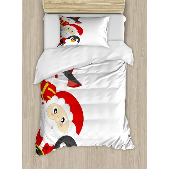 Christmas Duvet Cover Set, Friendly Happy Santa Claus Penguin Snowman Holiday Design, Decorative 2 Piece Bedding Set with 1 Pillow Shams, Twin Size, Charcoal Grey Red White, by Ambesonne