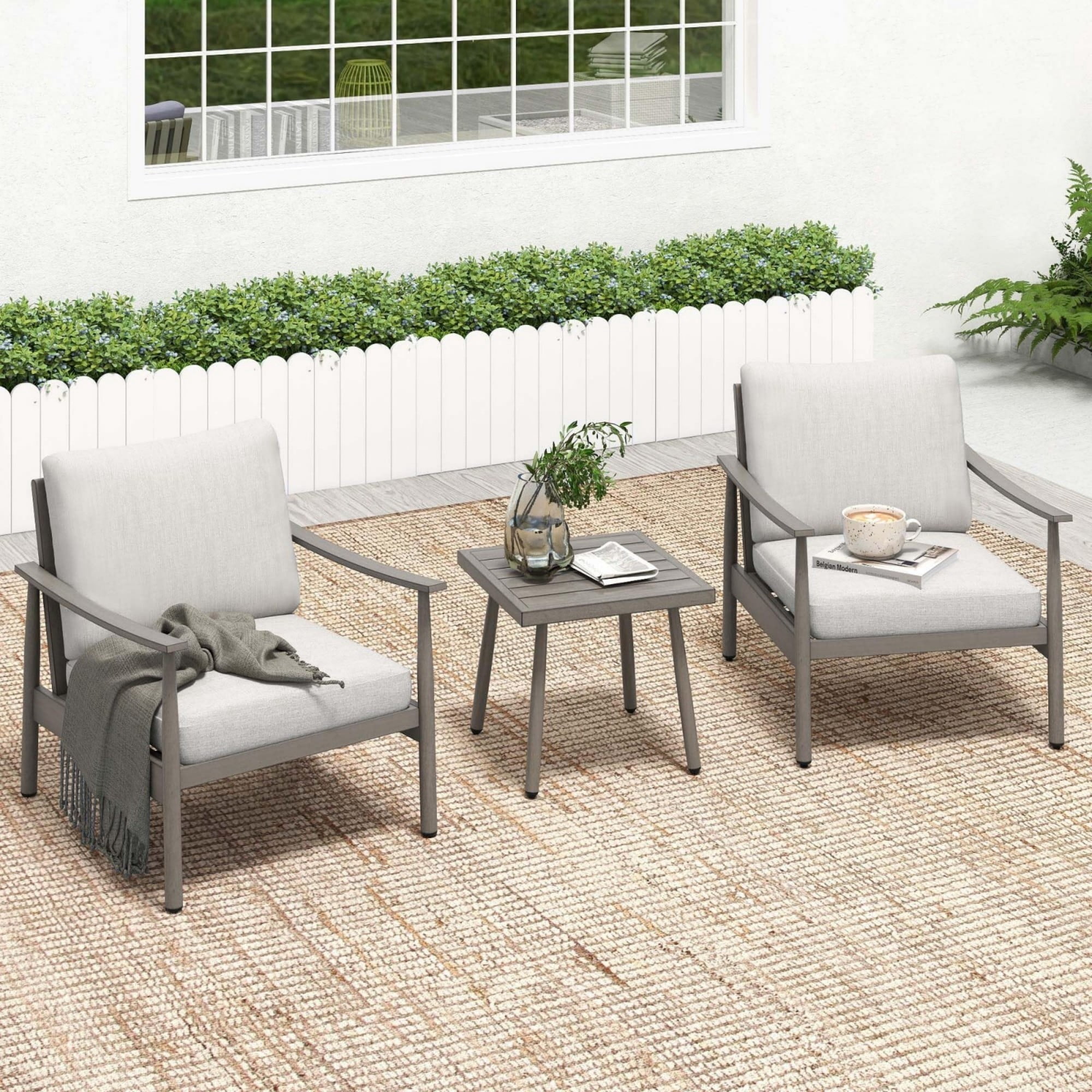 Patio Sofa Chairs Set of 2 Outdoor Aluminum Armchairs with Rope Backrest Thick Cushion Patio Seating for Porch Deck Garden Poolside, Gray