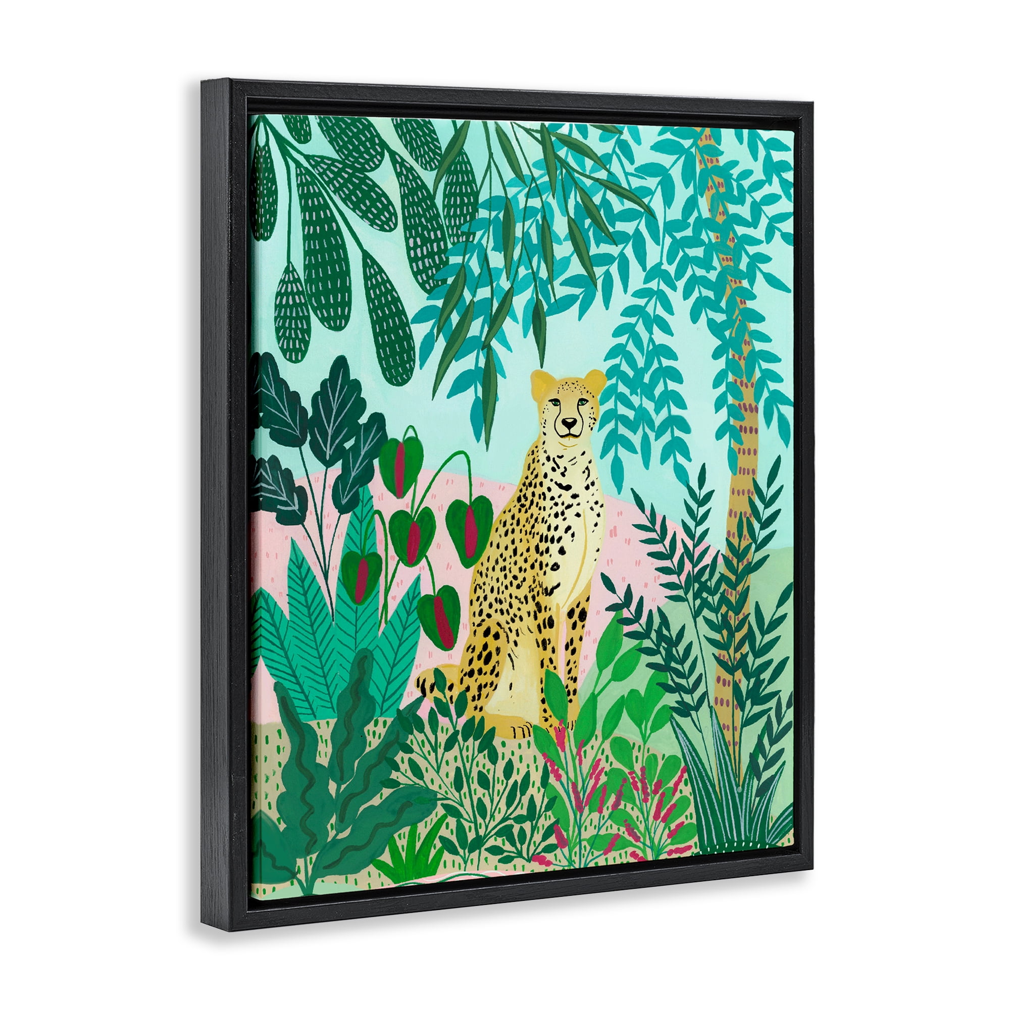 Stoic Leopard Tropical Forest Black Framed Floater Canvas Wall Art, design by Nabeela Rumi