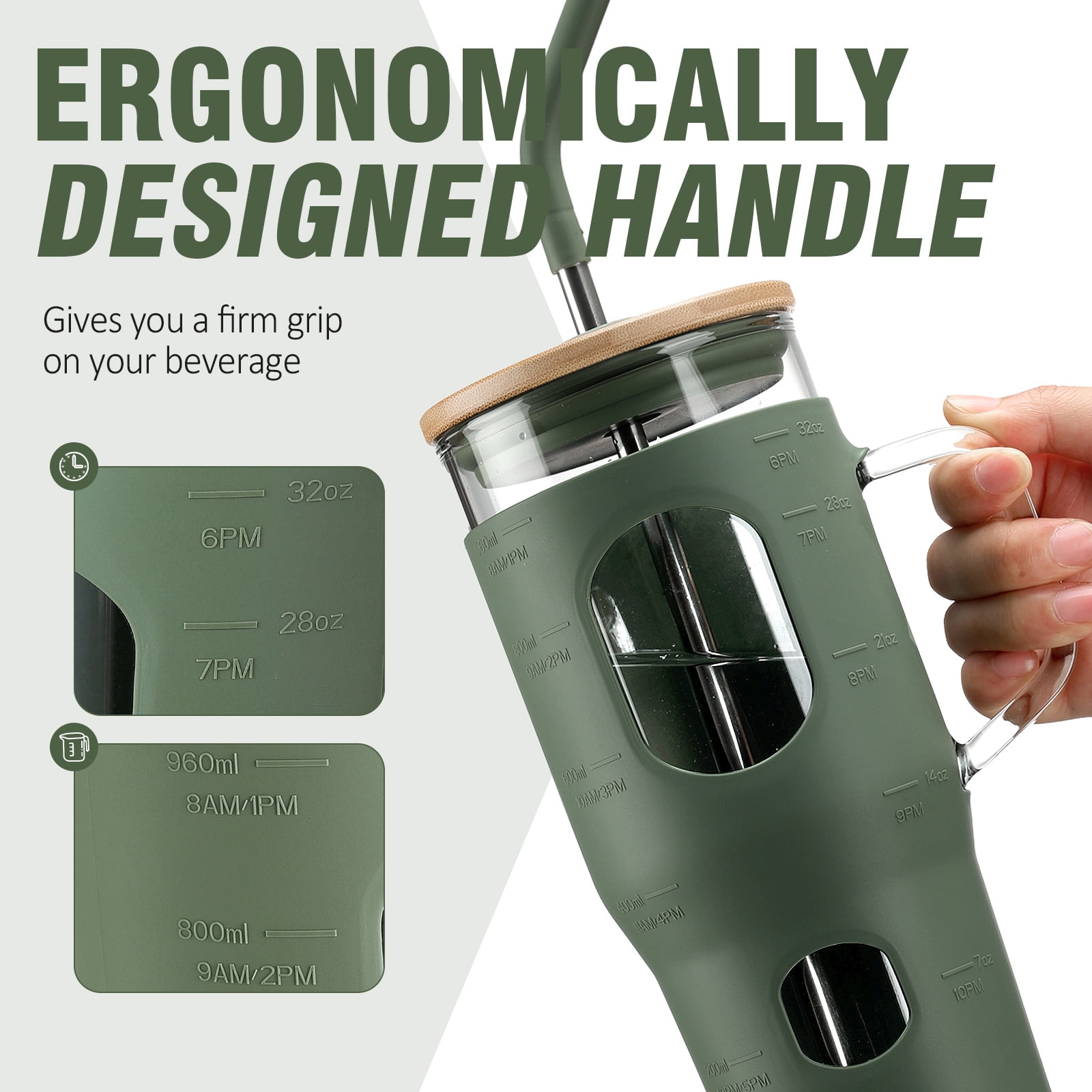 MUKOKO 32 oz Glass Tumbler , Glass Water Bottle with Capacity Marker and Silicone Sleeve, Iced Coffee Drinking Cup with Straw and Lid, Leakproof Suitable for Cup Holders, Olive