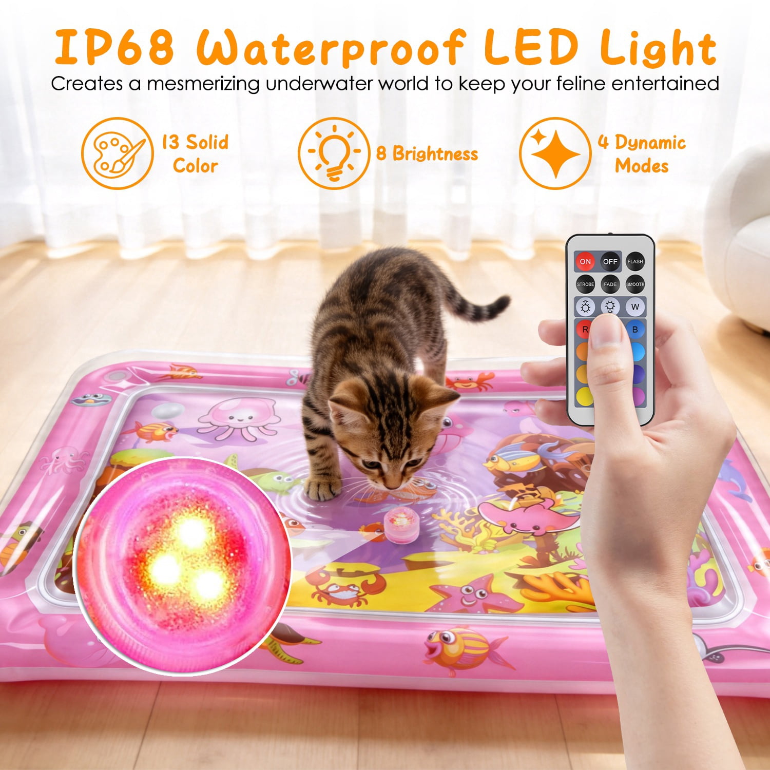 Imountek Thickened PVC Cat Water Mat Interactive Sensory Play Mat with LED Changing Light Floating Fish Toys for Indoor Cats Kittens, Blue
