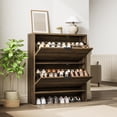 thumbnail image 1 of Shoe Cabinet – Fluted Entryway 32" Wide – 2 Flip Drawer Doors – Tall Freestanding Hidden Rack – Entrance, Hallway & Living Room – Walnut, 1 of 8