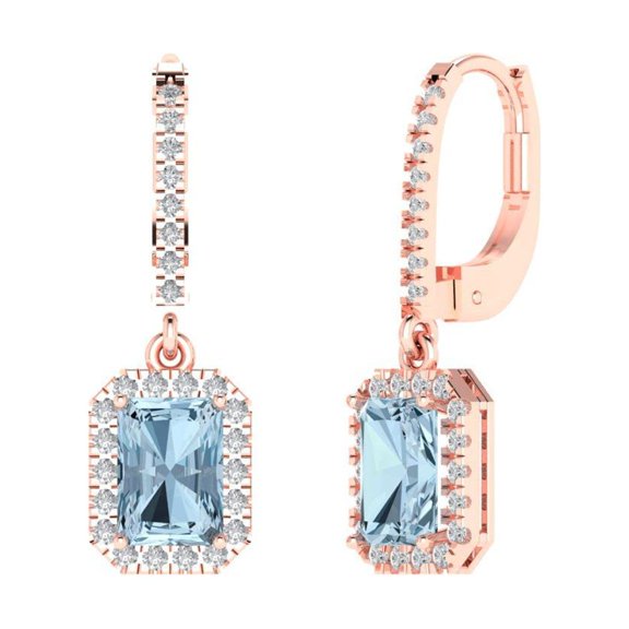 5.8072 ct Lever-Back Drop Dangle Earrings for Women | 7.5X5.5mm Emerald Cut Natural Sky Blue Topaz | 18K Rose Gold