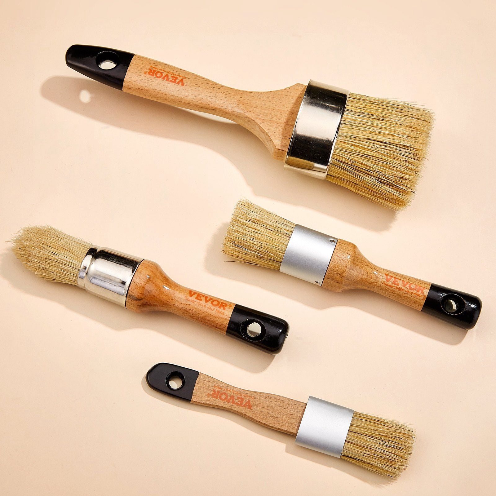 Chalk Wax Paint Brush Set 4PCS for Furniture Painting & Waxing, Natural Bristles with Wood Handle, Includes Round & Oval Brushes for Walls, Cabinets, Doors, Chalk & Wax Applications