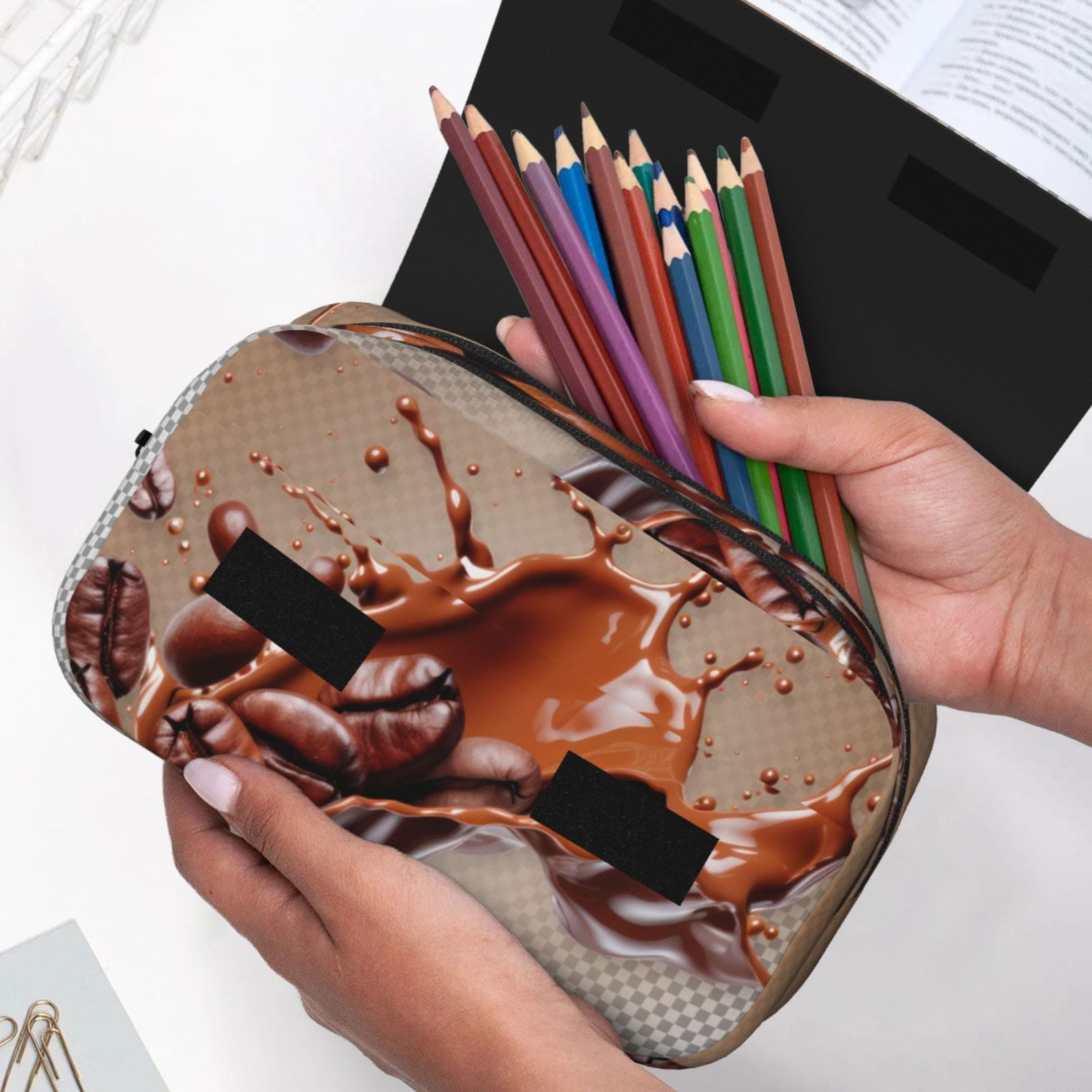 Rateoe Coffee Beans Chocolate Splash Pattern Double Clamshell Pen Case, Storage Organizer with Two Zipper Compartments– Holds Up to 50 Pencils & Pens