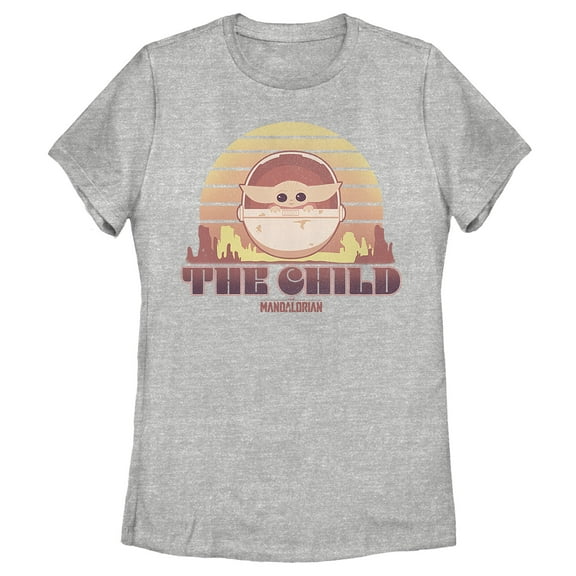 Women's Star Wars: The Mandalorian The Child Cartoon Retro Sunset Graphic Tee Athletic Heather Medium