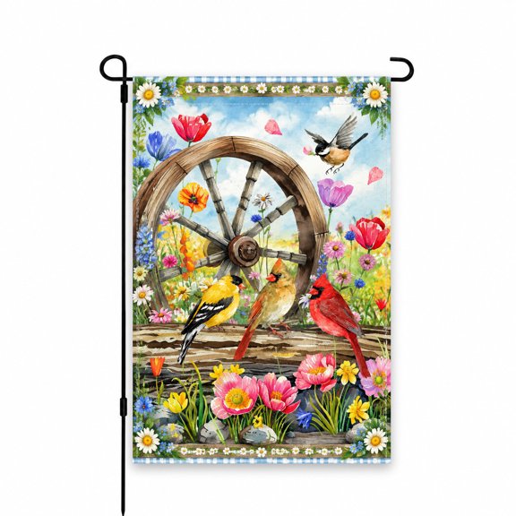 Garden Flag 12 x 18 Inch - Colorful Birds & Rustic Wagon Wheel with Summer Flowers Design - Outdoor Decorative Yard Flag for Lawn, Garden, Patio, or Porch Decor