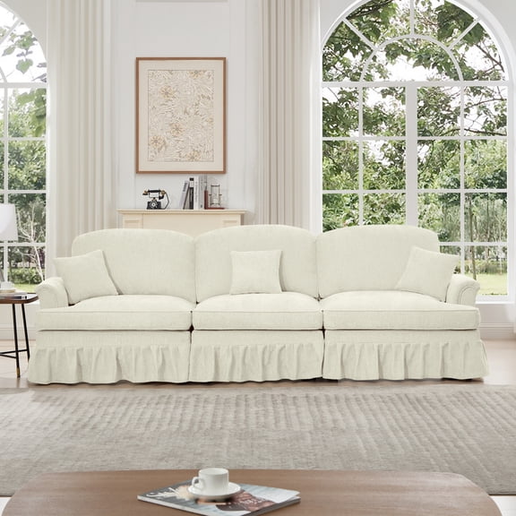 Miekor Furniture Elegant Mid Century Large 3 Seater Sofa Couch with Flared Arms and Removable Ruffles Pleats Skirts and Spindle Legs, Comfy Chenille Three-Seat Sofa for Living Room, Beige White MK0769