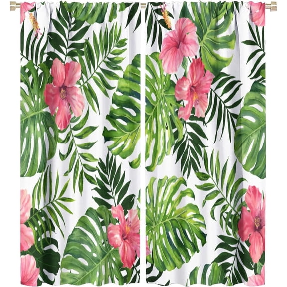 Tropical Floral Curtain Green Plant Nature Blackout Print Rod Pocket Window Drapes for Bedroom Living Room 26"W x 45"L (Pack of 2)