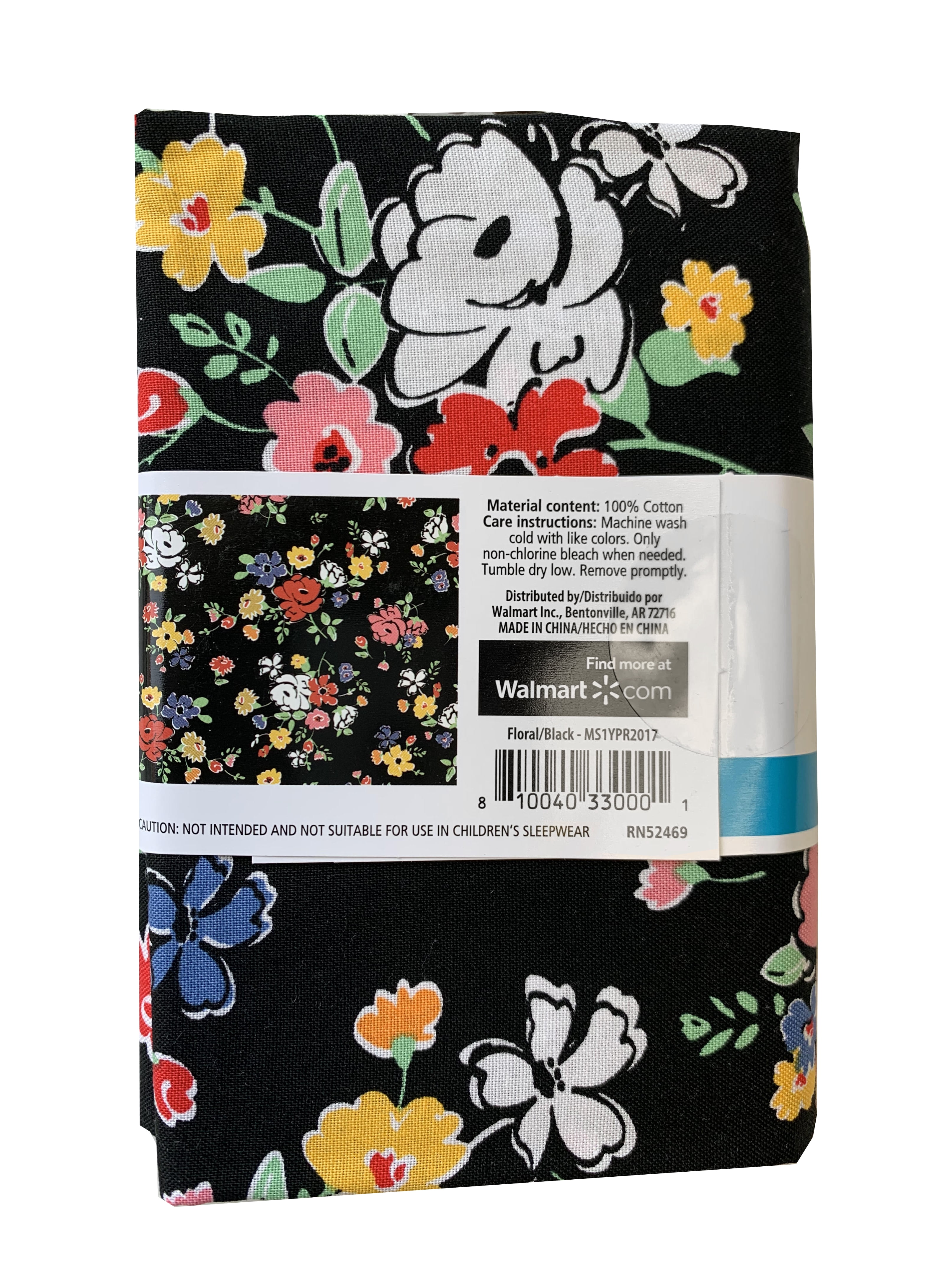 Mainstays 100% Cotton 1 Yard Precut Fabric Multi-color Black Floral