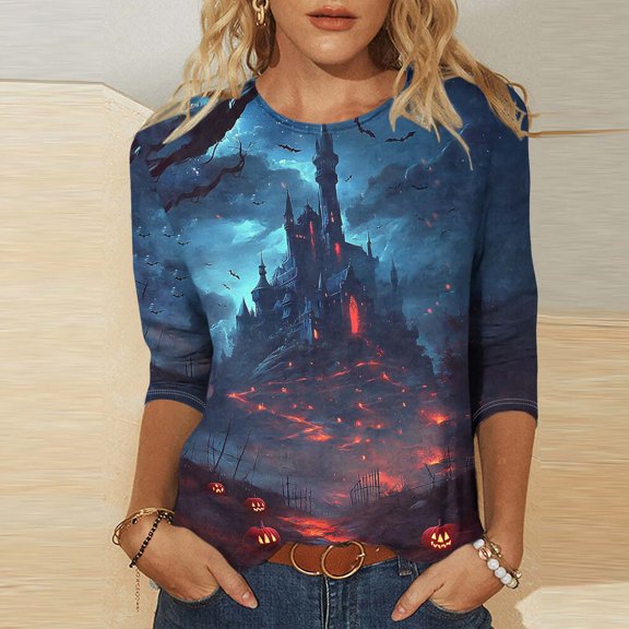 NSLGXD Plus Size Halloween Shirts for Women 3/4 Length Sleeve Round Neck Tshirt Spooky Season Loose Fit Graphic Tees S-5XL