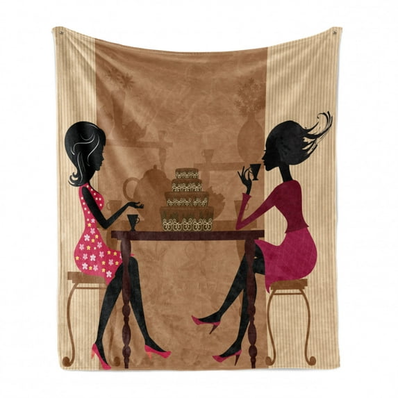 Vintage Woman Soft Flannel Fleece Throw Blanket, Graphic Image 2 Women Sitting at a Cafe Drinking Tea and Eating Cake Theme, Cozy Plush for Indoor and Outdoor Use, 50" x 70", Multicolor, by Ambesonne