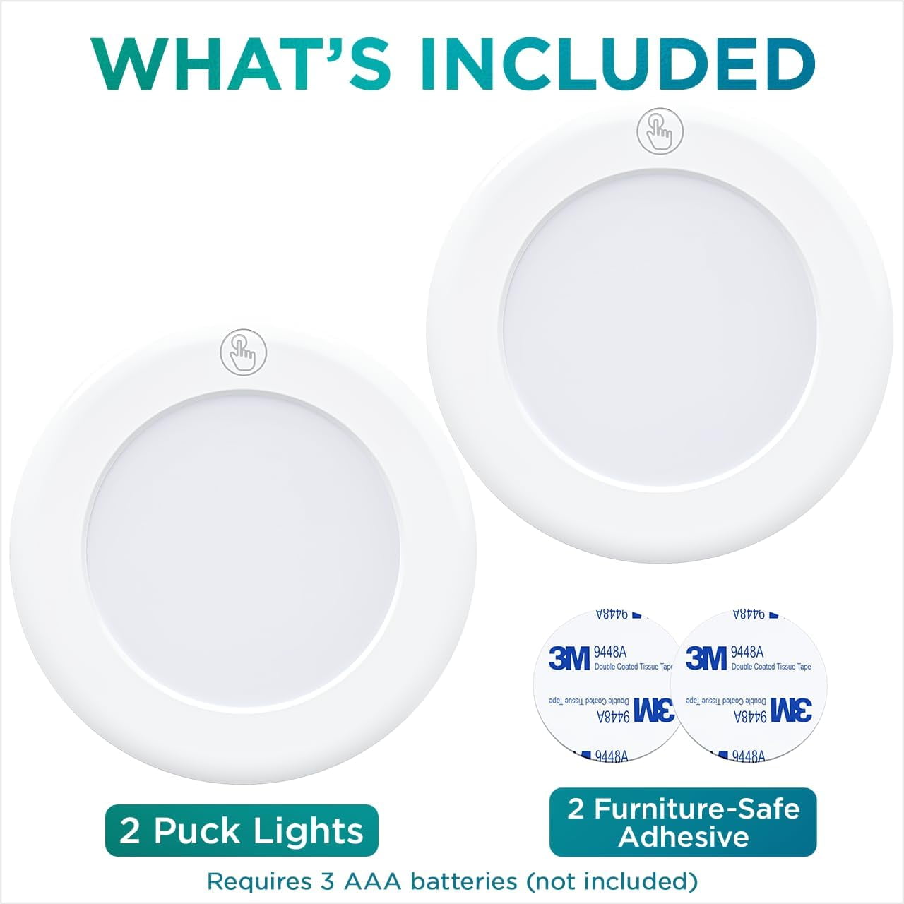 JJEAN-Ultra Thin Wireless LED Touch Lights - Battery Operated Under Cabinet Lighting - Round Puck Lights for Closet, Countertop - Stick On Push Light for Home Decor - Pack of 2