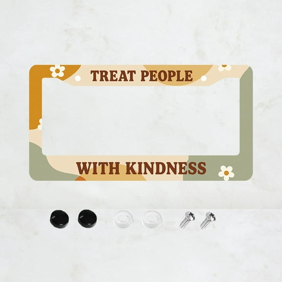 Treat People with Kindness License Plate Prame Aluminum Rust-Proof Auto Parts License Plate Decorative Screws Fit Standard 2 Holes 1 U.S. License Plate, 12.2x 6.3 Inch