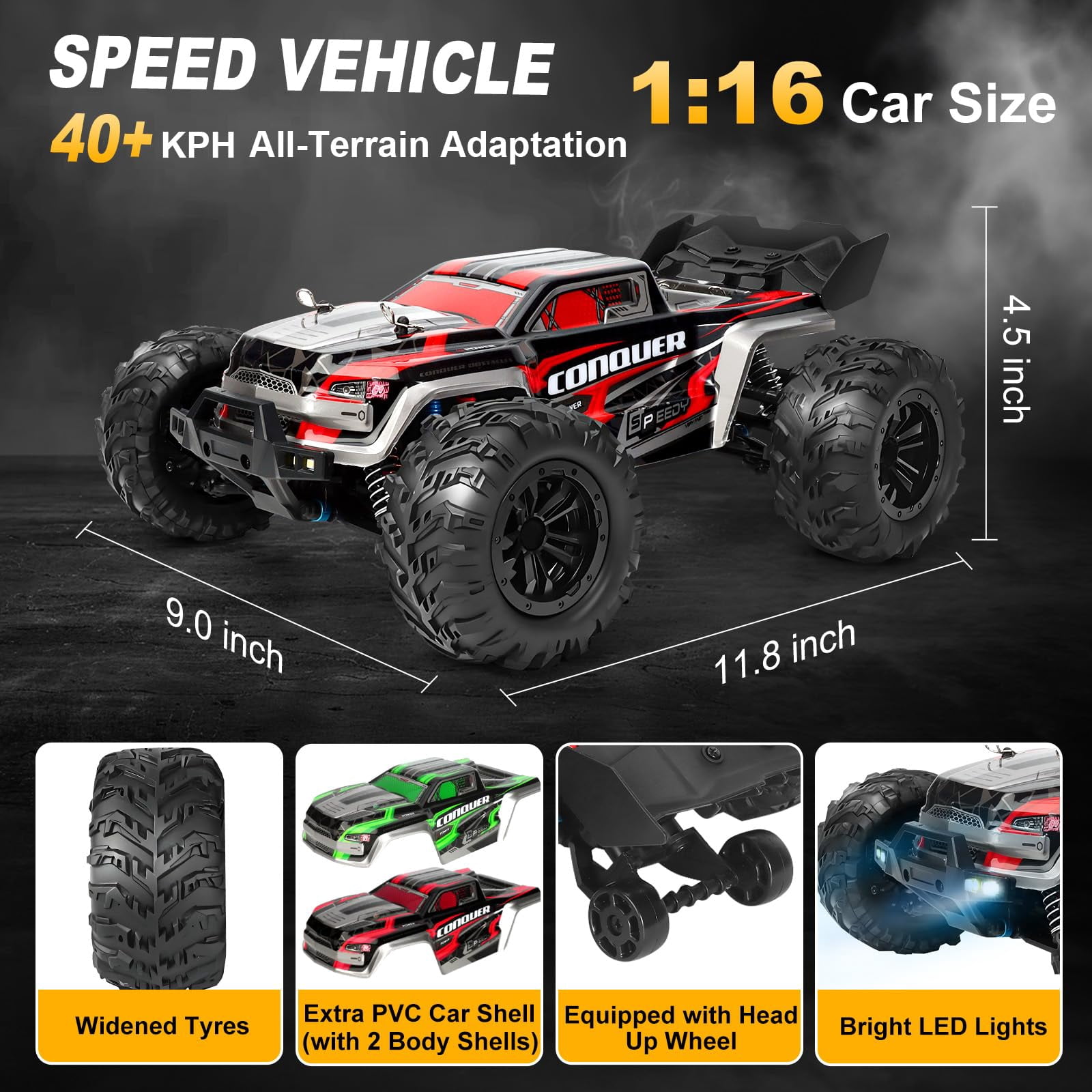 1:16 Scale All-Terrain RC Car for Adults, 38+KM/H High Speed 4WD Off-Road Remote Control Truck with 2 Rechargeable Batteries and Interchangeable car shells